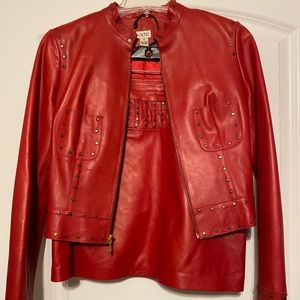 Red leather jacket and matching skirt